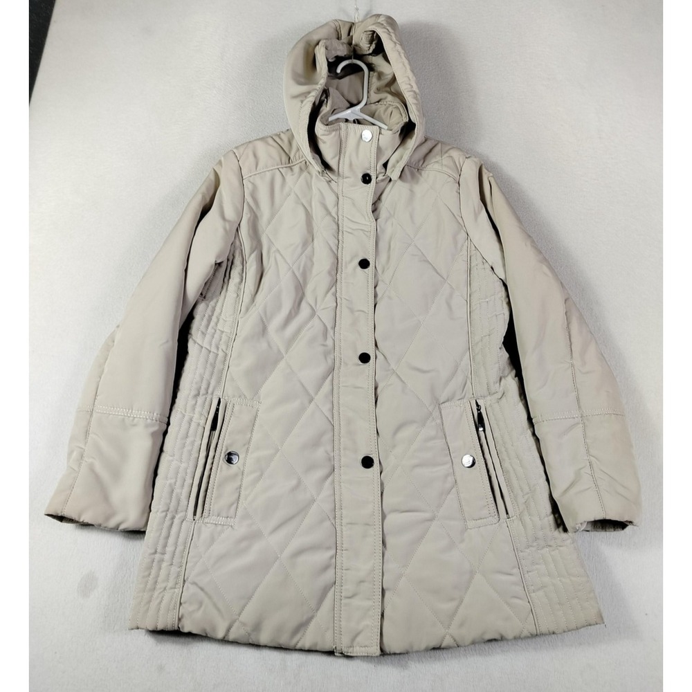 Covington Coat Womens Medium Beige Quilted Hooded Zip Pockets Winter Warm